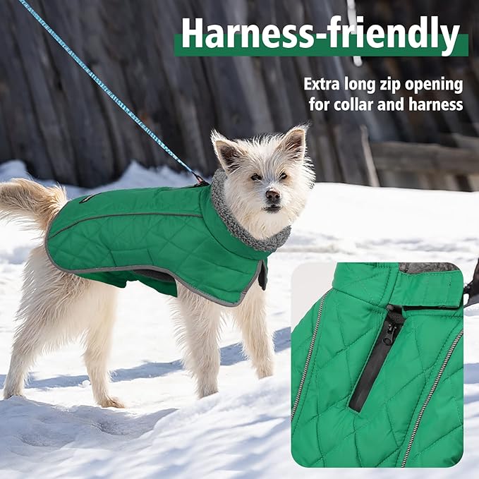 Fragralley Dog Coat Large, Waterproof Dog Jacket with Warm Fleece Lining, Adjustable Reflective Dogs Winter Coat, Turtleneck Pet Coats for Cold Weather (Green L)