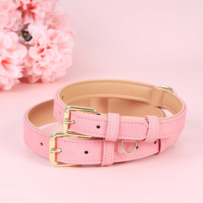 Leather Dog Collar for Large Dogs, Soft Padded Dog Leather Collar with Heavy Duty Gold Buckle, Durable & Comfortable, Pink, L