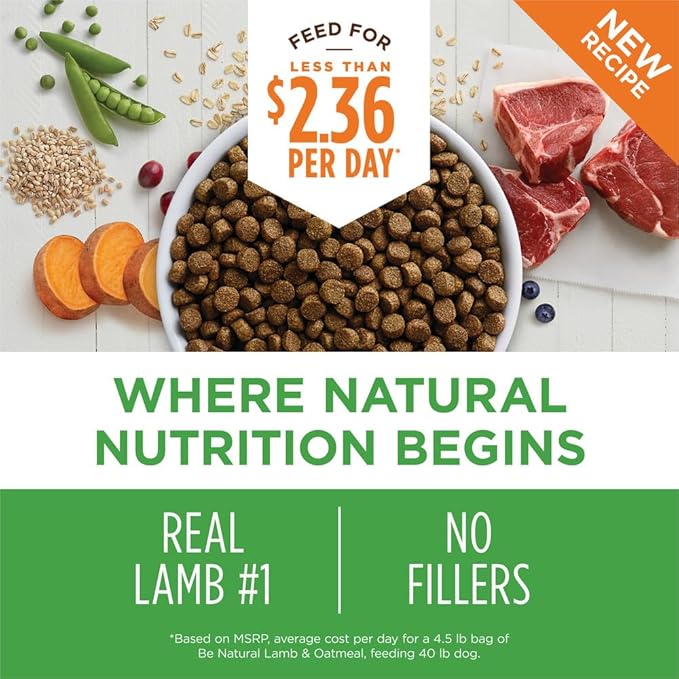 Instinct Be Natural, Natural Dry Dog Food, Raw Coated Kibble - Real Lamb & Oatmeal, 4.5 lb. Bag