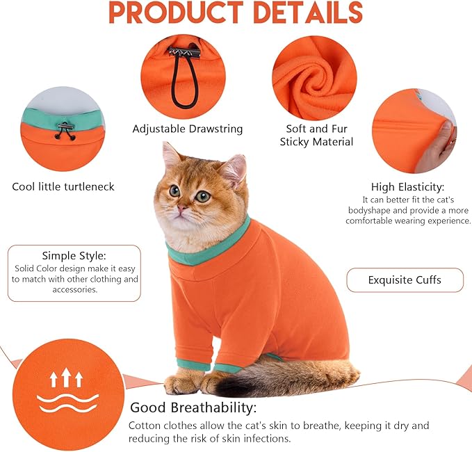 Sticky Cat Clothes Stretchy, Sphynx Hairless Sweater & Pajamas for Cats only, Soft Cat Onesie for Cats After Surgery Female Male & Hair Loss Prevention, Orange M