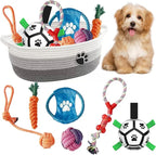 7 Pcs Puppy Dog Toys Storage Basket Set Dog Gift Chew Toys for Teething Squeaky Plush Duck Rope Woven Basket with Handles for Small Puppy
