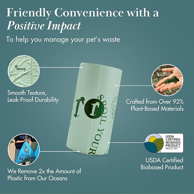 Nina Woof Eco-Friendly 92% Plant-Based Dog Poop Bags Rolls -270 Extra Thick, Durable, Leak-Proof, Odorless, Convenient Disposal - USDA Certified, Heavy-Duty Trash Bags and Garbage Bags