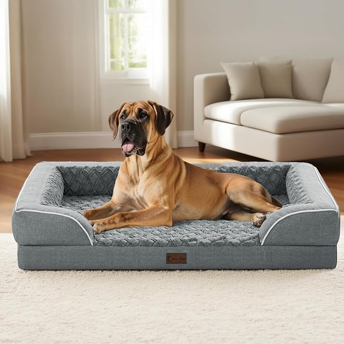 Orthopedic Dog Beds for Extra Large Sized Dogs, Waterproof Memory Foam XL Pet Bed with Sides 42x30Inch, Non-Slip and Egg-Crate Foam Big Dog Couch Bed with Removable Washable Cover, Grey