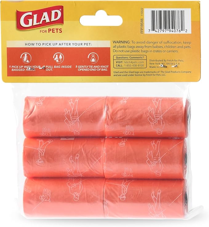Glad for Pets Large Dog Waste Bags, Scented, Tear-Resistant, 6 Rolls | Heavy Duty Poop Bags for Fast and Easy Waste Cleanup | 6 Rolls, 90 Bags Total