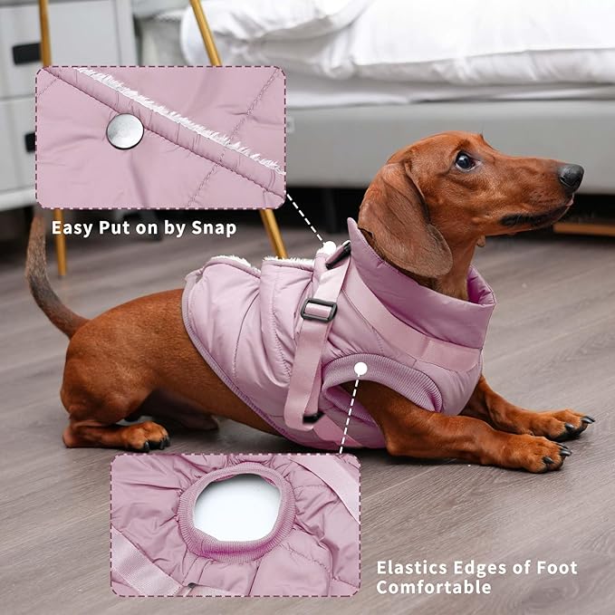 Dog Jacket with Harness,Fleece Lined Warm Puppy Coat for Winter,Soft Windproof Medium Dog Vest,Light Pink XL