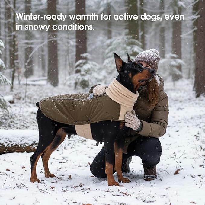 ASENKU Dog Coat, Dog Winter Jackets with Fleece Turtleneck, Windproof, Reflective Pet Snow Jacket for Cold Weather, Coats for Large Dogs, Army Green, XL