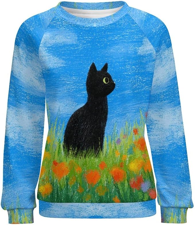 Abstract Cute Cat Shirts for Women Long Sleeve Lady Crewneck Pullover Sweatshirt Fall Winter Oversized Tops