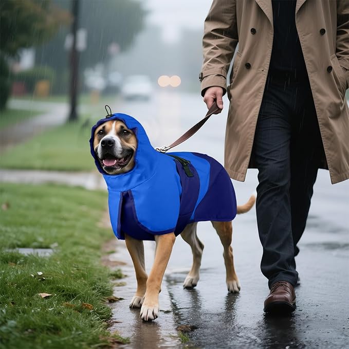 BRKURLEG Dog Raincoat Adjustable Dog Rain Jacket with Hood Dogs Waterproof Rainproof Jacket with Leash Hole Pet Poncho Rain Coat Poncho with Reflective Strip, Blue, XXL