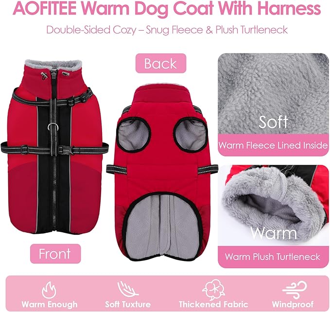 AOFITEE Dog Coat for Large Dogs, Waterproof Dog Winter Jacket with Built in Harness, Warm Turtleneck Cold Weather Coats Large, Reflective Fleece Lined Snow Jacket for French Bulldog, Boston Terrier, L