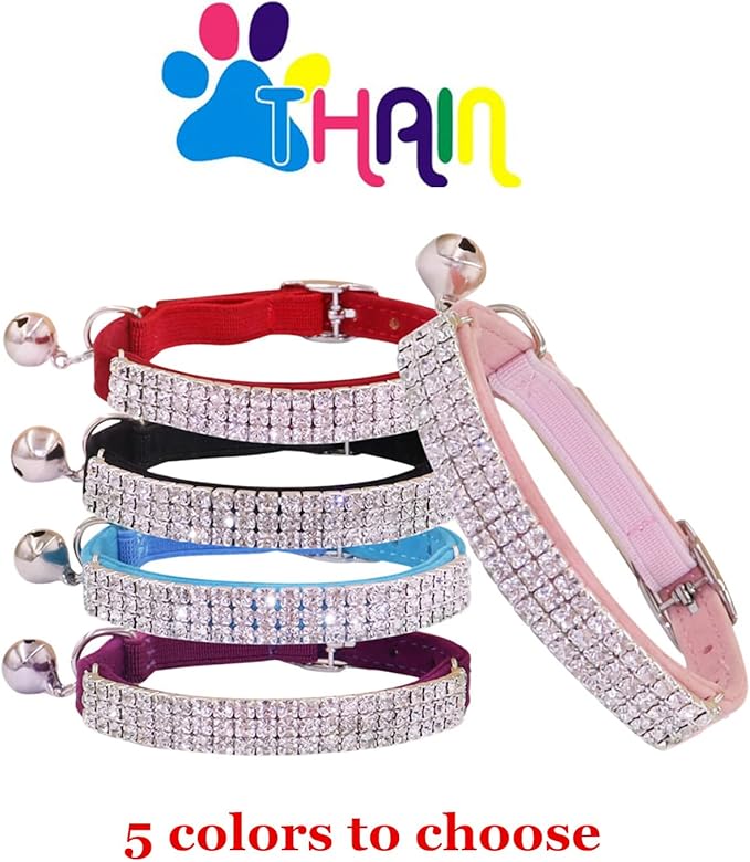 THAIN Rhinestones Cat Dog Collar Soft Velvet Safe Adjustable Collar Bling Diamante with Bells, 8-11 inch for Small Dogs and Cats (Purple)