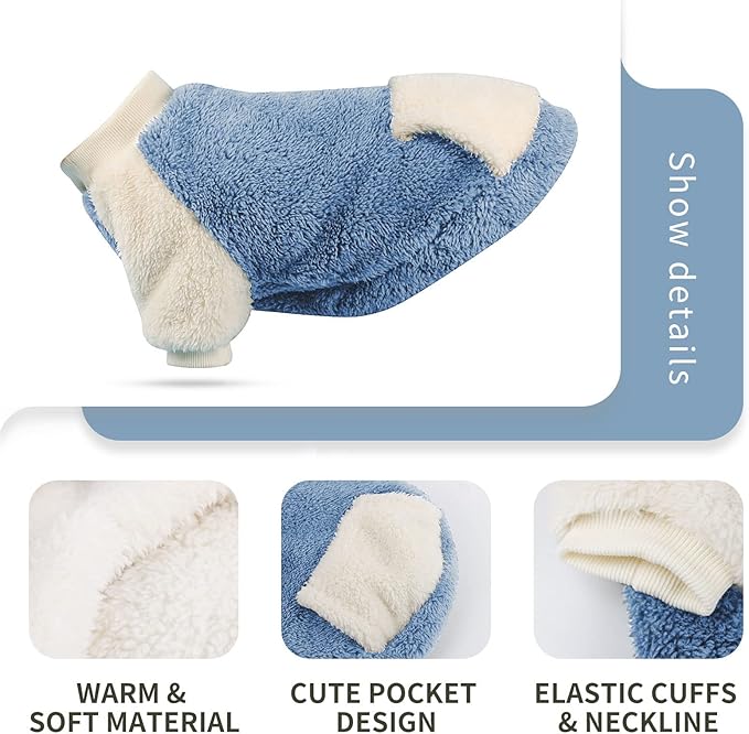LESYPET Dog Sweater for Small to Medium Dogs, Fleece Lining Puppy Sweatshirt in Winter, Warm Puppy Clothes Pullover Jumper, Blue XX-Large
