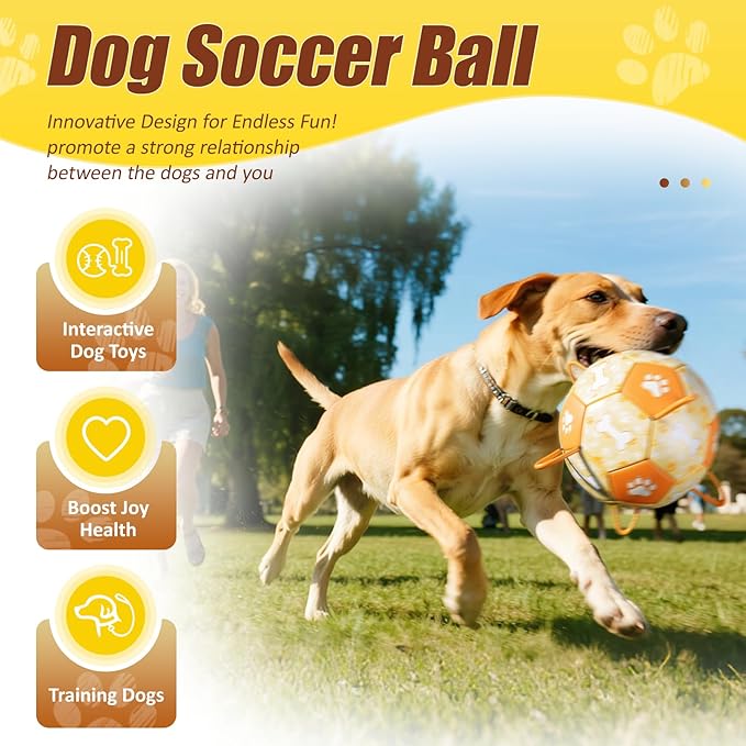 Size 3 Interactive Dog Football with Strap,Orange & Yellow, Eye-Catching Paw and Bones Design, Ideal Outdoor Training Pet Toy, Perfect Choice for Medium & Large Dogs' Playtime