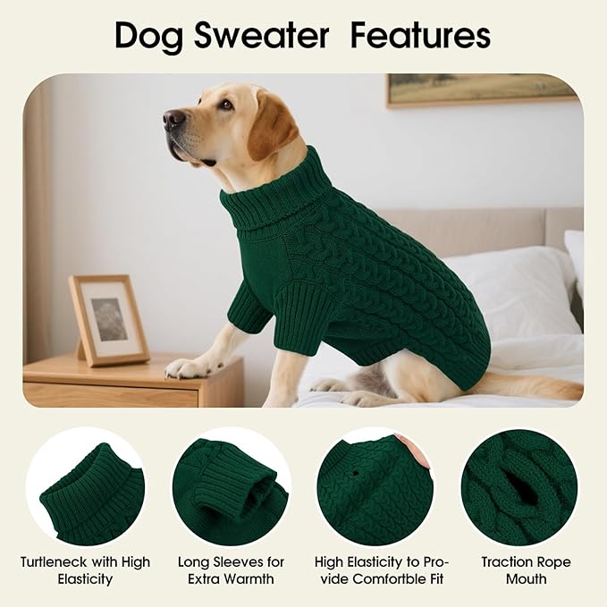 SAWMONG Dog Sweater, Dog Sweaters for Small Dogs Girls Boys, Pullover Turtleneck Knitted Doggy Sweatshirt, Cold Weather Pet Clothes（Green, Small
