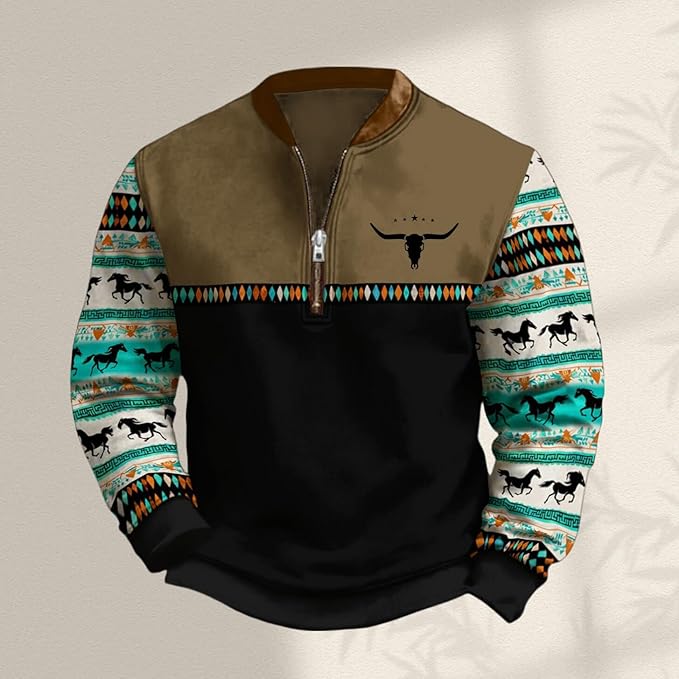 HOTYD Aztec Cowboy Jacket Men Vintage Bullhorn Printed Oversized Western Sweatshirt Long Sleeve Quarter Zip Pullover
