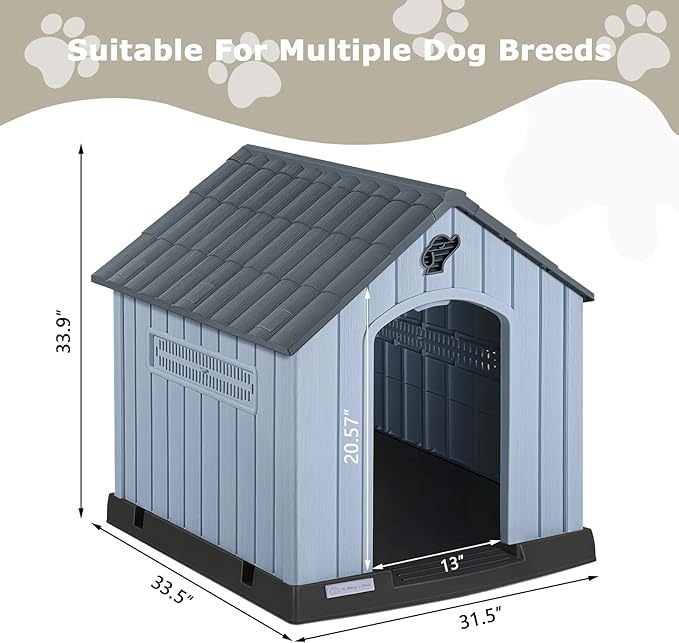 PUKAMI Large Dog House Outdoor Indoor, Plastic Dog House Weatherproof for Large Dogs, Study Puppy Shelter with Air Vents and Elevated Floor, Easy Clean and Assemble (Grey, 31.5"D x 33.5"W x 33.9"H)