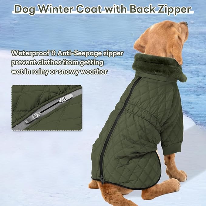 IDOMIK Dog Winter Coat for Large Dogs, Warm Dog Winter Jacket with Fleece High Collar, Zippered Cold Weather Coats for Dogs, Waterproof Doggy Snow Jacket Clothes,Green,XL