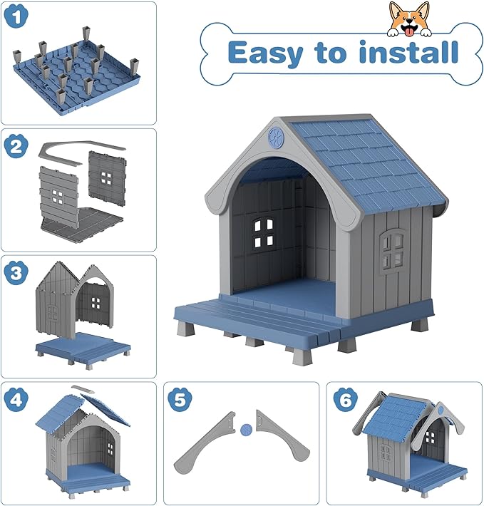 Dog House Outdoor Indoor, Weatherproof Insulated Dog House with Elevated Floor and Air Vents for Small to Medium Dogs,Easy Clean and Assemble (Blue1, 32.95" L×31.5" W×37.88" H)