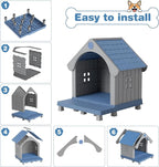 Dog House Outdoor Indoor Weatherproof for Small Medium Dogs, Durable Plastic Pet House with Porch, Sloping roof and Elevated Floor, Easy Cleaning and Assemble(Blue, 32.95"L×31.5"W×37.88"H)