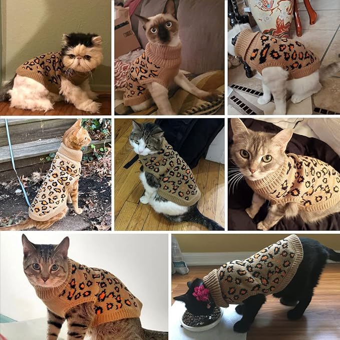 Mihachi Winter Warm Cat Sweater Turtleneck Puppy Pets Sweater Knit Vest Fashion Leopard for Cats Puppy Small Animals Brown Large