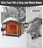 Insulated Dog House, Outdoor Dog House for Winter, Weatherproof Wooden Dog Kennel with Porch, Iron Frame, Openable Roof & Removable Floor
