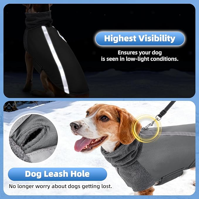 SlowTon Winter Dog Coat, Warm Polar Fleece Lining Doggie Outdoor Jacket with Turtleneck Scarf Reflective Stripe Adjustable Waterproof Windproof Puppy Vest Soft Pet Outfits (M+,Grey)