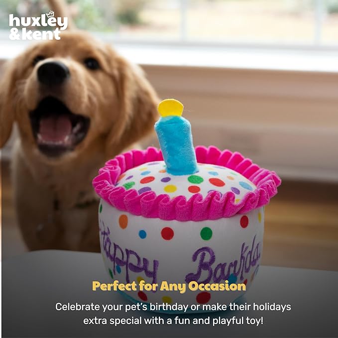 Huxley & Kent Funny Dog Toy w/Squeaker – Power Plush Squeaky Dog Toys for Small, Medium & Large Dogs – Soft Stuffed Animal for Indoor Play & Fetch - Happy Barkday Cake, Small