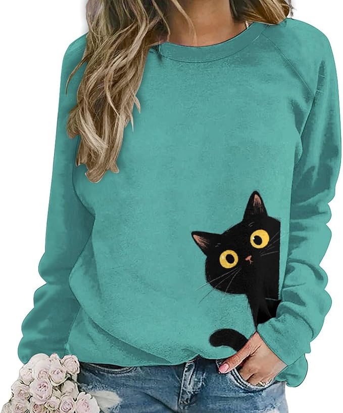 Abstract Cute Cat Shirts for Women Long Sleeve Lady Crewneck Pullover Sweatshirt Fall Winter Oversized Tops