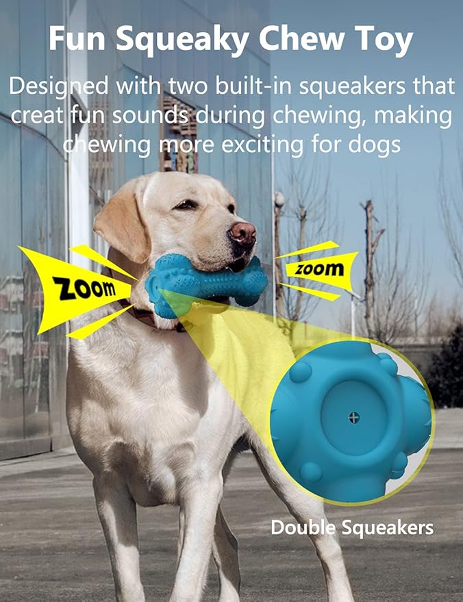 SCHITEC Squeaky Dog Chew Toy for Aggressive Chewers Large Breed, [2 Pack] Tough Interactive Teething Rubber Bone for Big Medium Dogs
