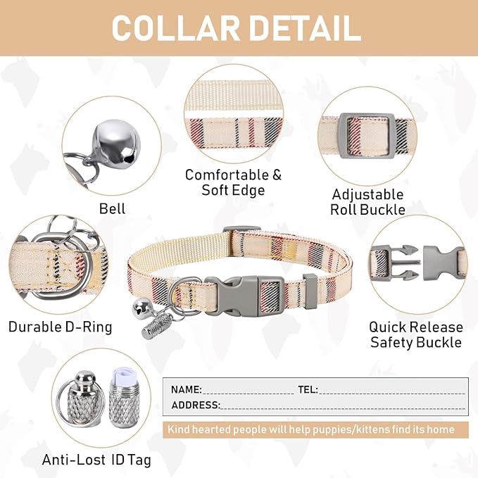 GAMUDA Small Dog Harness Collar and Leash Set, Step in No Chock No Pull Soft Mesh Adjustable Dog Vest Harnesses Plaid Reflective for Dogs Puppy Cats Kitten Rabbit (Beige, XS)