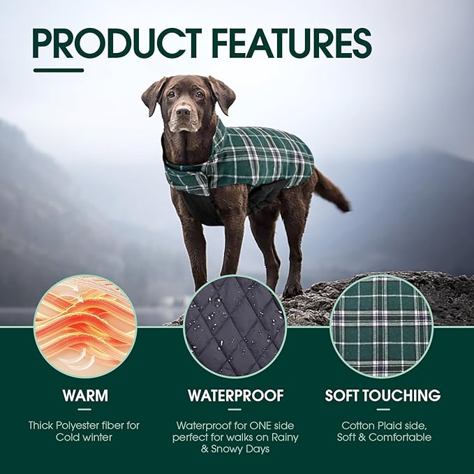 Kuoser Warm Dog Coat, Waterproof Dog Jacket for Extra Large Dogs, Adjustable Durable XXXL Doggie Winter Coat Reversible Puppy Cold Weather Apparel for Large Breed, Green 3XL