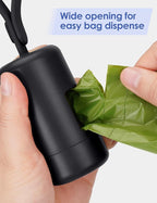 Gobeigo Dog Poop Bag Holder【Convenient Hook for Used Bags】【Silicone Strap Fits Any Leash】【Large Opening for Easy Dispensing】with 1 Roll Waste Bags (Black)