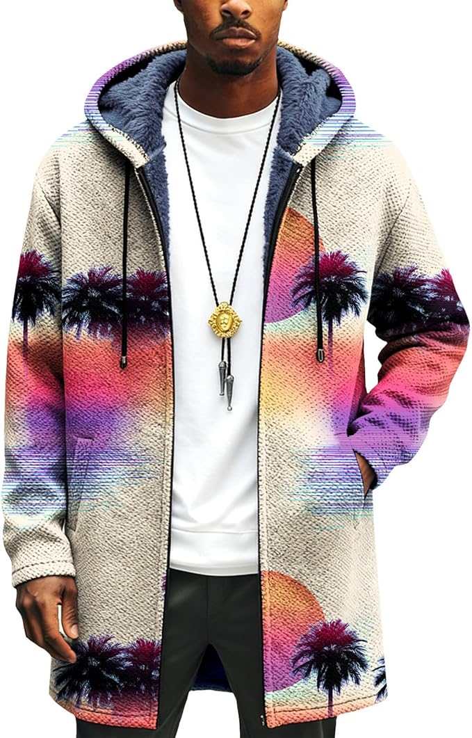 LIZALIG Long Hooded Cardigan Men Japanese Art Style Fashion Cool Graphic Coats Winter Warm Lined Fleece Jacket