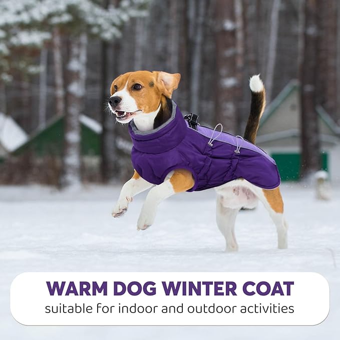 IDOMIK Warm Dog Coat with Harness, Waterproof Reflective Dog Jackets for Small Medium Large Dogs, Fleece High Collar Winter Jacket with Zipper, Pet Winter Snowsuit Clothes for Cold Weather,Purple L