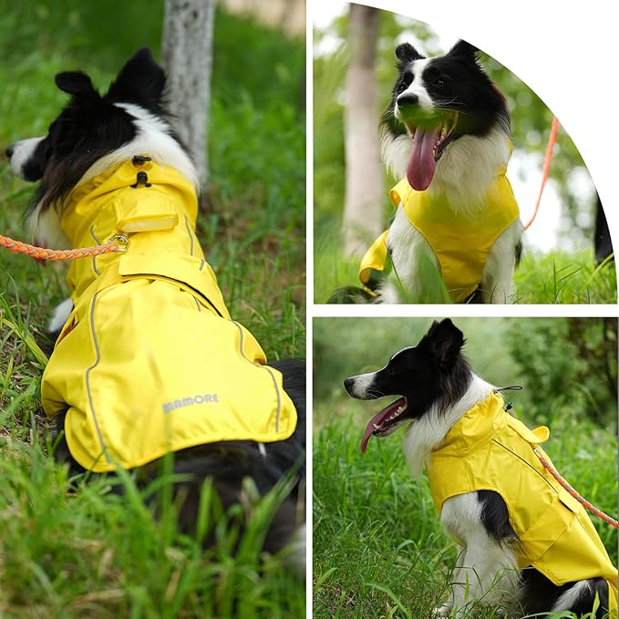 Waterproof Dog Raincoat with Reflective Strip, Adjustable Breathable Rain Coat Jacket with Leash Hole for Dogs (Yellow, XX-Large)