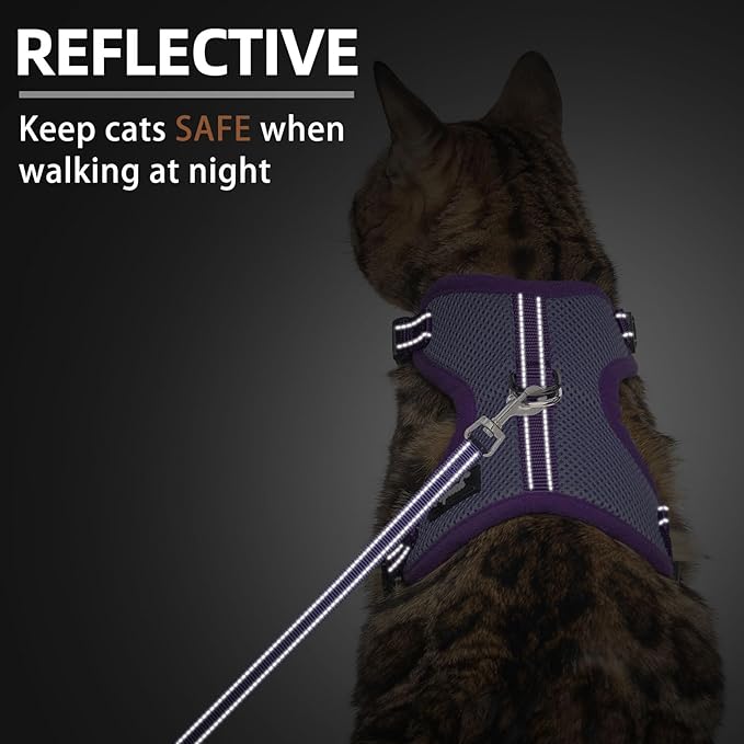 PUPTECK Cat Harness and Leash Set Escape Proof, Reflective Adjustable Soft Mesh Kitten Vest Harness for Walking Travel, Purple, M