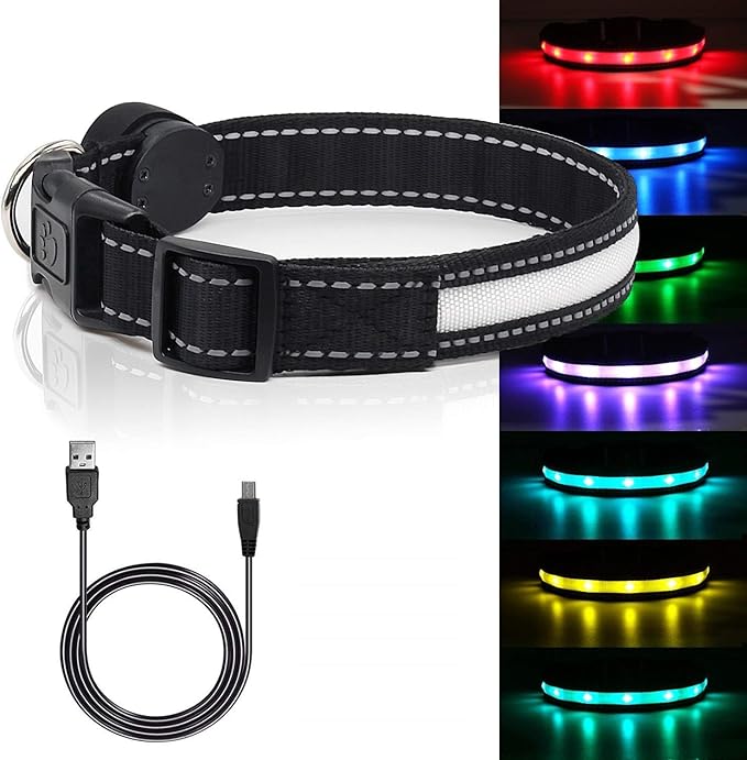 Light Up Dog Collars, Safety LED Dog Collar Rechargeable 7 Colors in One Lighted Dog Collar Glow in The Dark Dog Walking Light, Neon Durable Nylon Adjustable Buckle for Small/Medium/Large Dogs, L Size