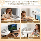 Adjustable Cat Desk Bed, 360° Rotatable Elevated Desk Cat Bed for Home Office, Space-Saving Design Table Supports Up to 60 lbs, Soft Faux Fur Bed with Removable Washable Cover (Beige)