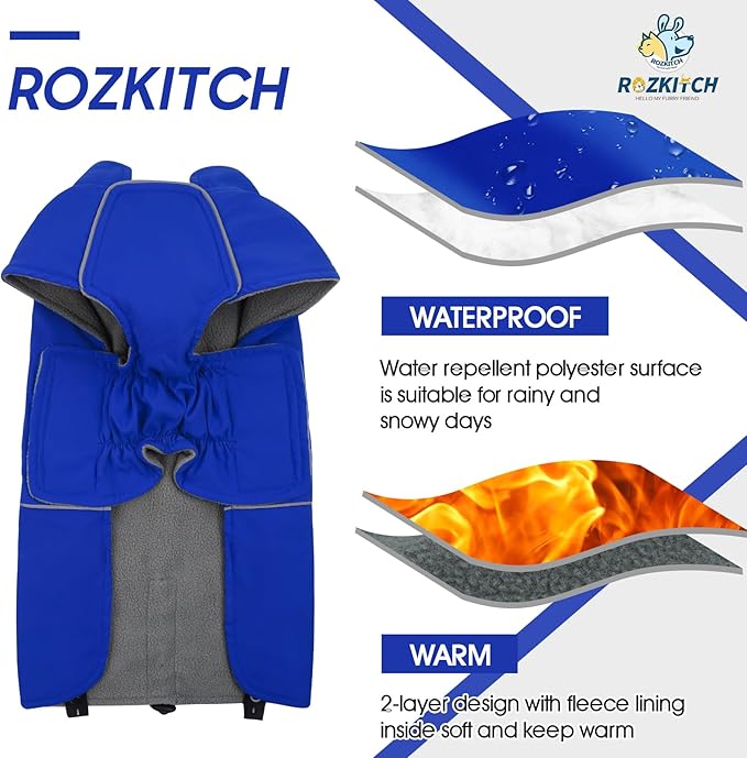 ROZKITCH Great Dane Costumes, Waterproof Windproof Dog Rain Jacket with Fleece Liner and Leash Hole Reflective Strip for Large Giant Dog, Adjustable Poncho Vest for Outdoor Hiking Travel Blue 4XL