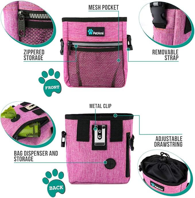 PetAmi Dog Treat Pouch, Pet Treat Pouch for Training, Dog Walking Bag Holder for Kibbles, Pet Food Toy, Dog Trainer Essentials Supplies, Poop Bag Dispenser, 3 Ways to Wear (Pink)