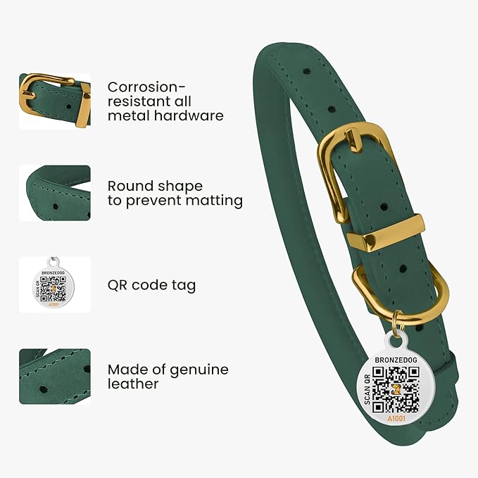 BronzeDog Rolled Leather Dog Collar with QR ID Tag, Adjustable Soft Round Collars for Small Medium Large Dogs Puppy (14" - 16" Neck Size, Emerald Green)