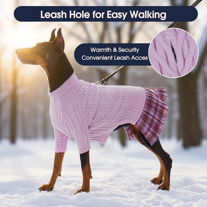 IECOii XL Dog Sweater Dress for Large Dogs Girl, Cable Knit Winter Dress for Female Dogs, Purple,XLarge, Soft Girl Dog Sweater with Tartan Plaid Skirt Cute Turtleneck Knitwear for Cold Weather