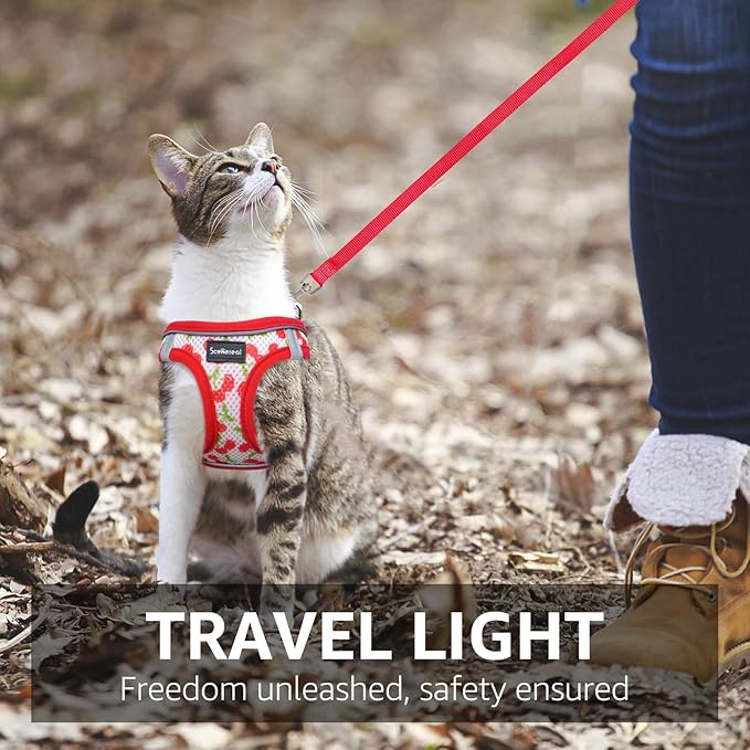 SCENEREAL Cat Harness & Leash Set Escape Proof - Adjustable Air Mesh Vest with Reflective Strips for Kittens, Puppies, Rabbits, Cherry S