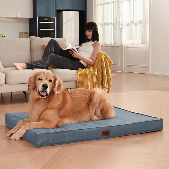 Outdoor Extra Large Dog Crate Bed, XXL Waterproof Dog Bed for Giant Breeds Dogs, 47x29 Inch Orthopedic Egg Crate Foam Pet Mat with Removable Cooling Cover, Blue
