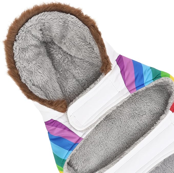 HDE Dog Puffer Jacket Fleece Lined Warm Dog Parka Winter Coat with Harness Hole White Rainbow Stripe - M