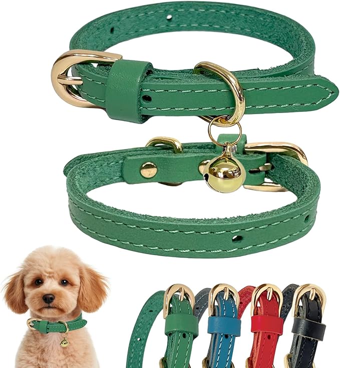 Guiding Star Leather Collar for Puppy, Cute Soft Thin Dogs Collars for Small Medium Dogs, Cat Collar with Bell (Green, XXS, 6.2"-10")
