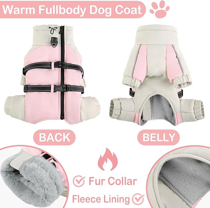KOESON Four Legged Winter Coat, Warm Dog Jacket with Adjustable Buckles, Turtleneck Windproof Fleece Jackets, Reflective Fullbody Snowsuit Puffer Coat Pink Grey L