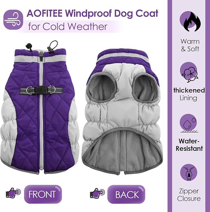 AOFITEE Dog Coat, Warm Dog Winter Coat, Reflective Cold Weather Dogs Puffer Jacket with Harness Built in, Waterproof Pet Fleece Vest Snowsuit for Small Medium Large Dogs, Purple L