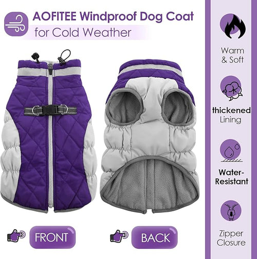 AOFITEE Dog Coat, Warm Dog Winter Coat, Reflective Turtleneck Large Dogs Jacket with Harness Built in, Turtleneck Pet Winter Jacket, Waterproof Pet Snow Jackets Fleece Vest, Purple XL