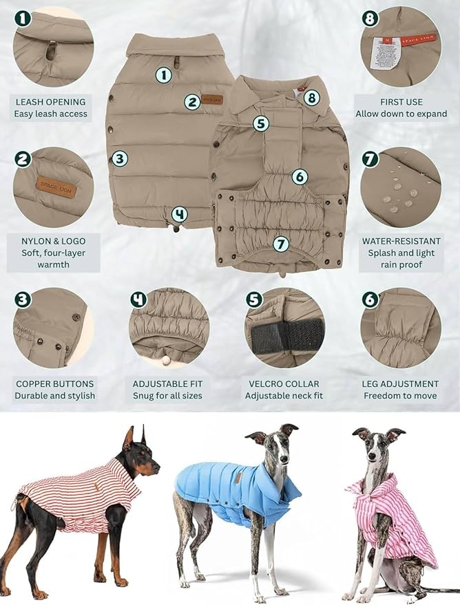 SPACE LION Dog Puffer Jacket, Down Winter Coat, Durable Outdoor Coat for Cold and Windy Conditions, Waterproof, Lightweight Jacket, Adjustable Fit for Small, Medium, Large Dogs(Camel,24/2XL)