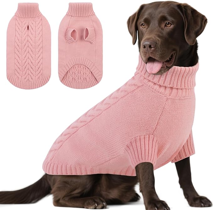 Dog Sweaters for Large Dogs Classic Turtleneck Dog Christmas Sweater Thick Warm Pullover Female Puppy Pet Stretch Knitwear Fall Winter Clothes with Leash Hole(Pink, XL)